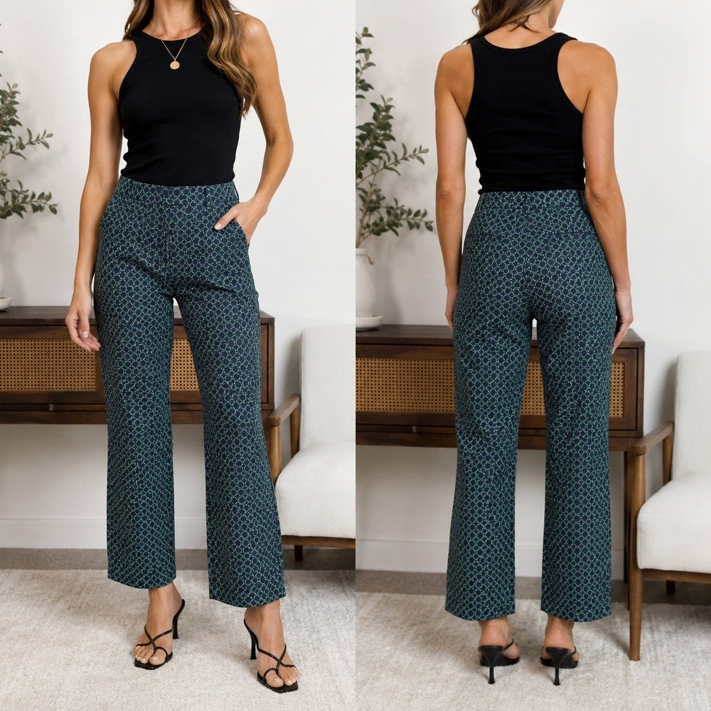 Banana Republic Sloan Ankle Pants Navy Green Geometric Trellis Print Size 4